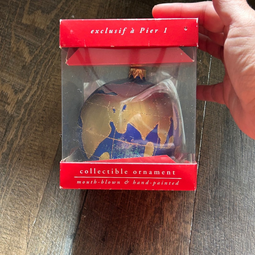 Pier 1 Imports Glass Globe Ornament Mouth-Blown Hand-Painted Blue Gold World Map